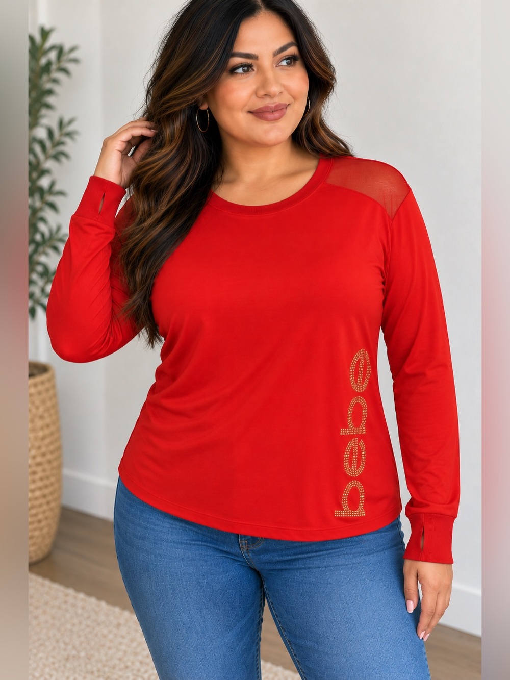 bebe Sport Red Mesh Panel Rhinestone Logo Shirt XL